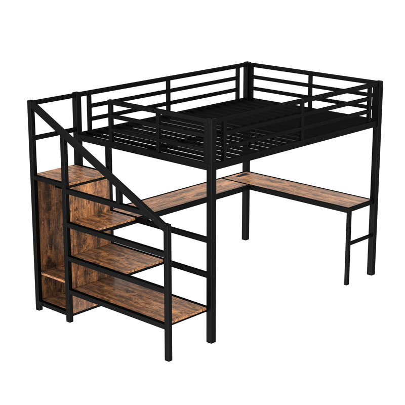 Grand lit mezzanine en métal avec bureau en forme de L, DEL, garde-robe, tablette ajustable et escalier