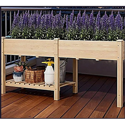 Elevated Garden Bed,Wood Raised Garden Box,with Side Table,Bottom Shelf,Bed Liners and Drainage Holes