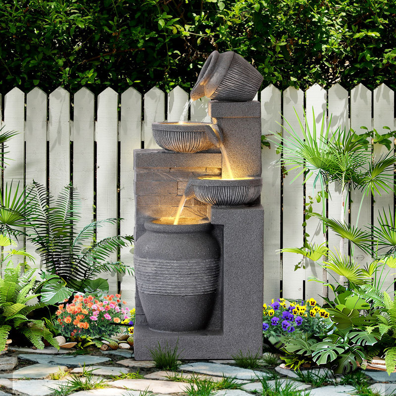 32" Outdoor/Indoor Garden Water Fountains, 4 Tiers Cascading Resin Fountains and Waterfalls with LEDs & Bowls, Modern Floor-Standing Patio Fountain