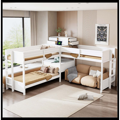 Twin Size L-Shaped Bunk Bed With Built-In Desk, 4 Drawers, USB Ports & Power Outlet, White
