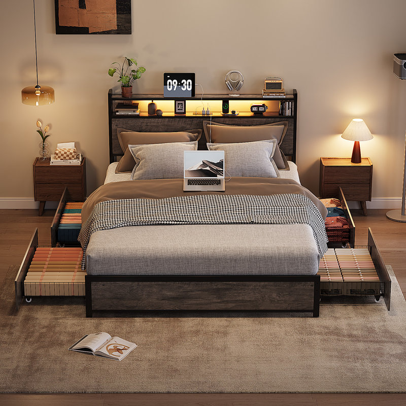 Bed Frame With 2-Tier Storage Headboard, Metal Platform Bed Frame With 4 Storage Drawers, Built In Charging Station And LED, Metal Support/No Box Spring Needed, Gray