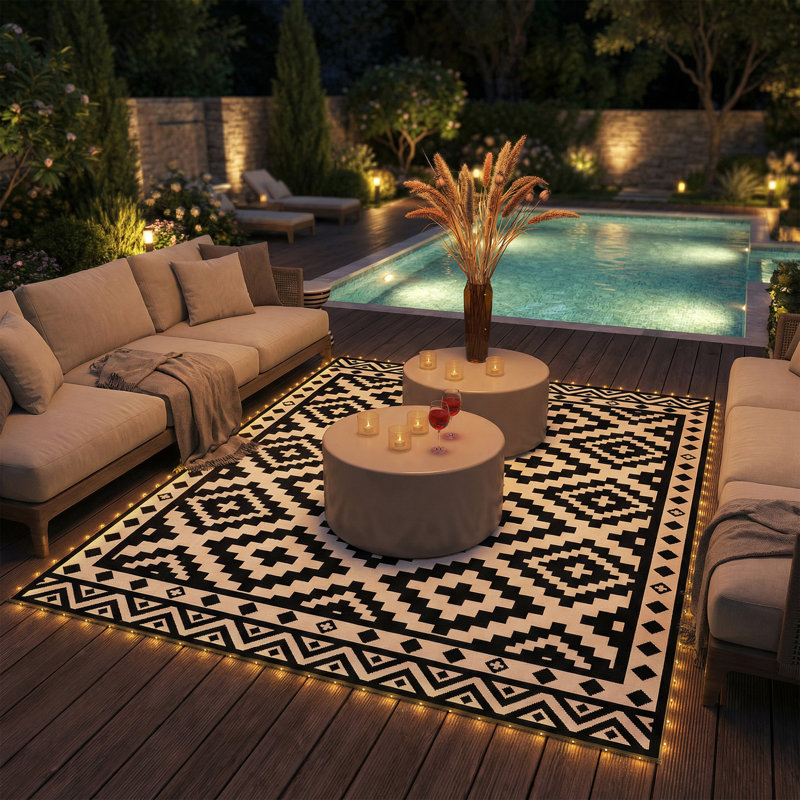 Reversible Outdoor Rug Carpet, 10' x 8' Waterproof PP Plastic Straw Rug, Portable RV Camping Mat with LED String Lights, Floor Mat Area, Black and White