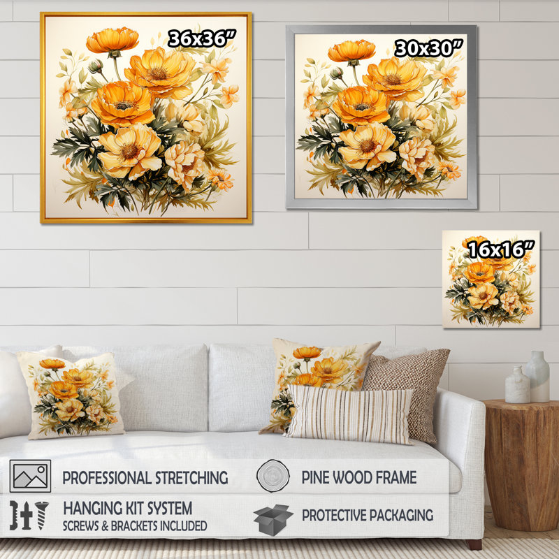 Marigold Majesty Bouquet II - Art mural souci, Cadre simple blanc, H 30 po x l 30 po x P 1,5 po
