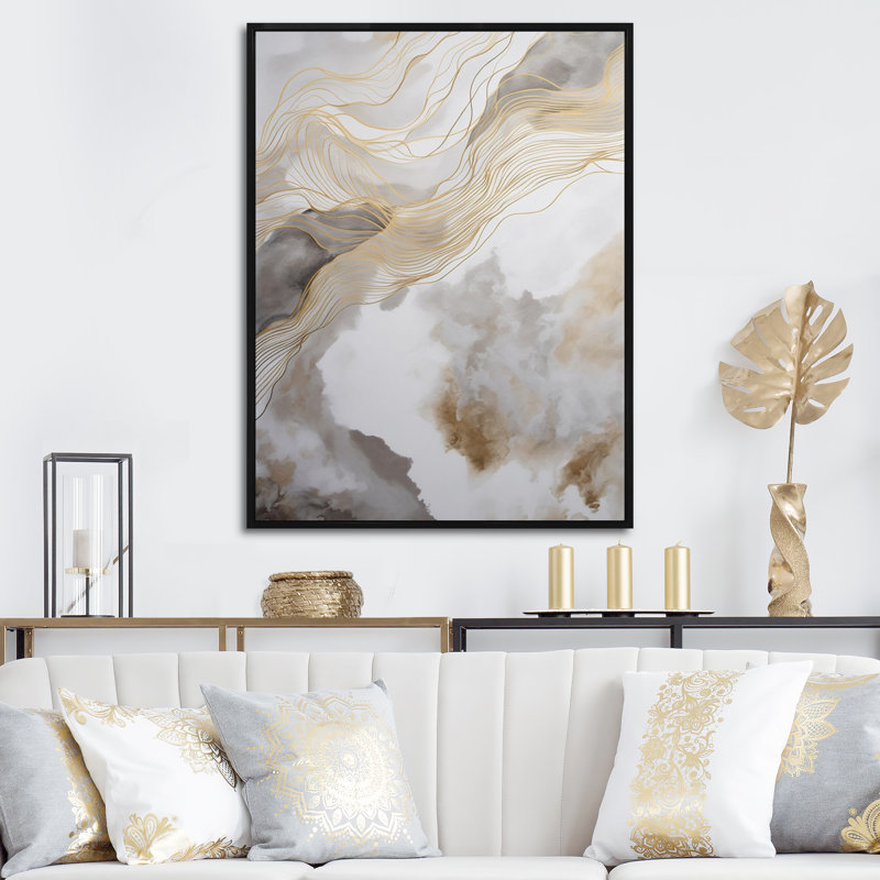 Gold and Grey Abstracted Line Artistry V - Print on Canvas, Black Floater Framed, 32" H x 24" W x 1" D