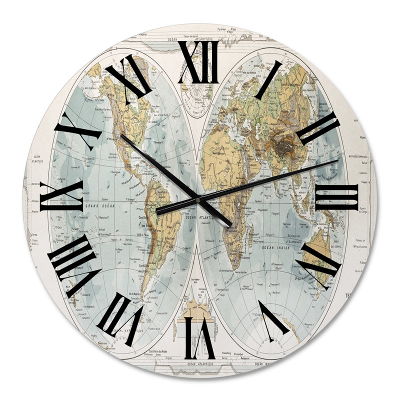 Ancienne carte du monde II - horloge murale rustique, Moyenne