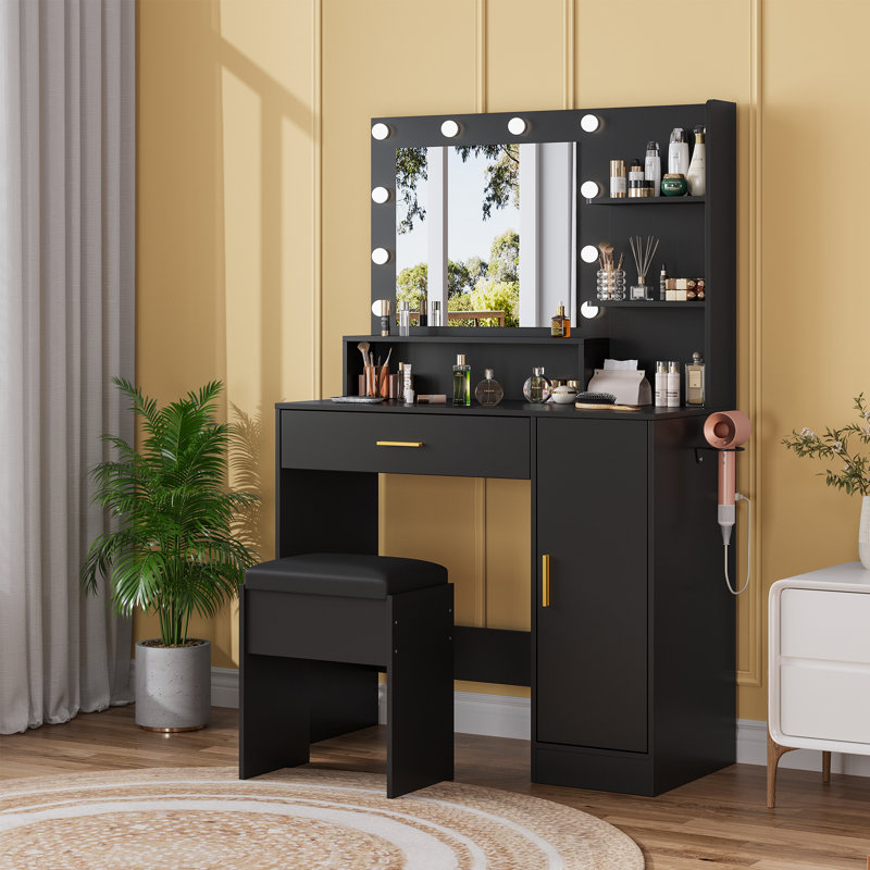 Bureau de meuble-lavabo moderne avec miroir HD et 10 ampoules DEL, 3 modes d'éclairage, station de charge USB et Type-C, support pour sèche-cheveux, grands tiroirs
