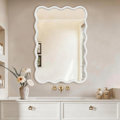 24 x 36 Inch Irregular Solid Wood Framed Wall Mirror with Tempered Glass, Vertical or Horizontal Mount