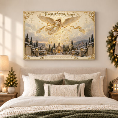 «Golden Angel» jouant de la trompette sur une église enneigée, art mural de Noël