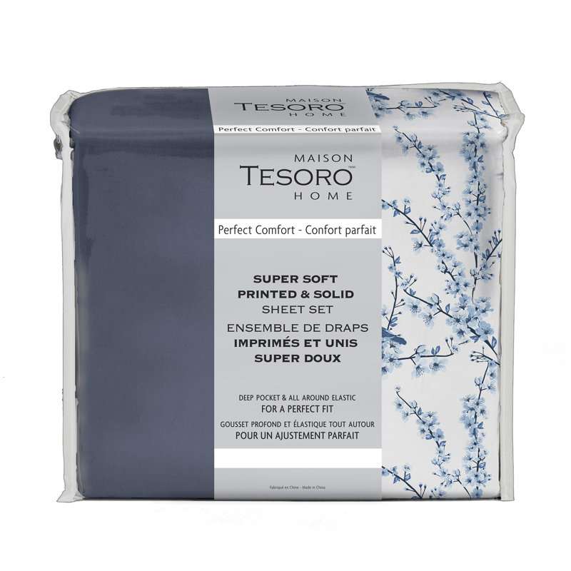 Microfiber Floral Sheet Set, Full Sheet Set + Fitted Sheet + 2 Pillowcases, Navy