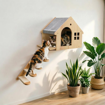 Chat qui monte un escalier avec une maison