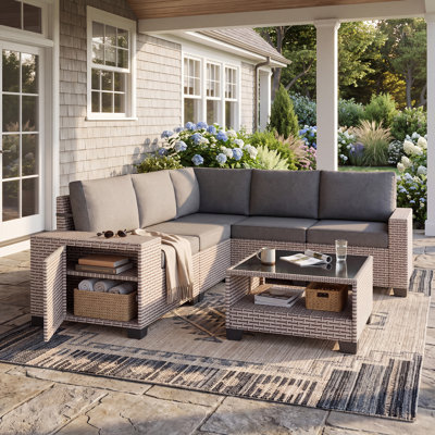 Outdoor Conversation Sets with Storage, 6-Piece Wicker Patio Furniture Sets, 5 Person Modular Seating Group with Cushions, Outdoor & Patio Furniture, Gray
