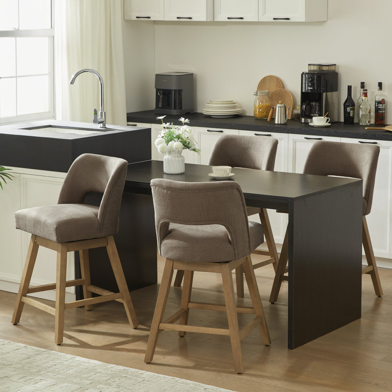 Ensemble de 4 tabourets de bar pivotants de 26 po de hauteur, siège rembourré en polyester sur structure en bois massif, 4