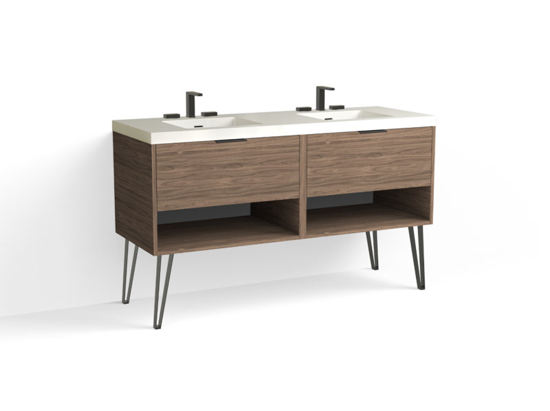 Modo 60" W Freestanding Double Bathroom Vanity with Dawson Leg, Gloss White/Single, Nocino, Matte Black