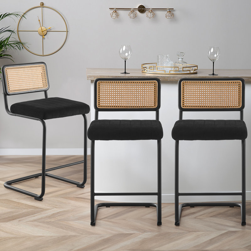 Black Velvet Upholstered Cane Back Counter Stools with Metal Frame, Set of 3