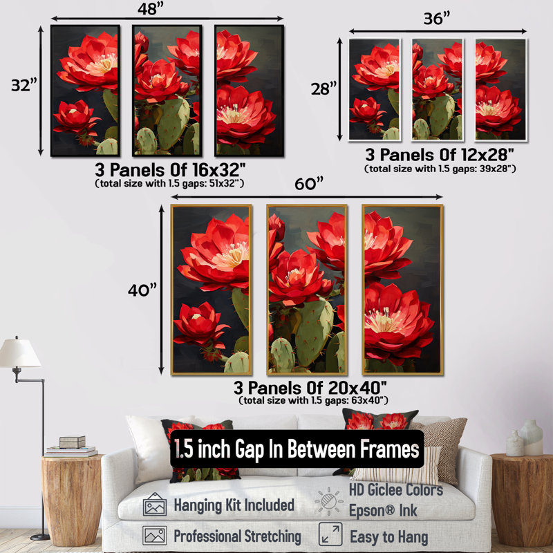 Cactus bourgogne fleuri - ensemble d'art mural floral cactus, Cadre flottant blanc, H 28 po x l 36 po x P 1 po