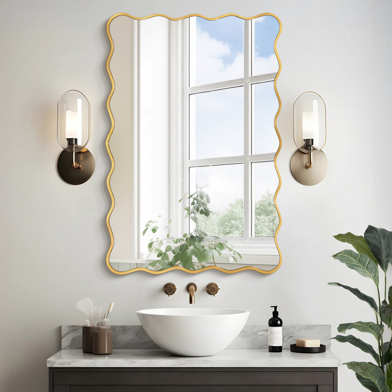 Wavy Rectangle Metal Framed Wall Accent Mirror, Gold