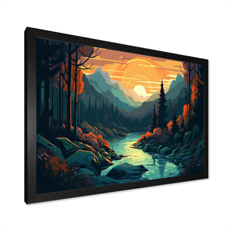 «Vibrant Forest with Sunrise III» - Impression, H 24 po x l 32 po x P 1 po, Cadre photo noir