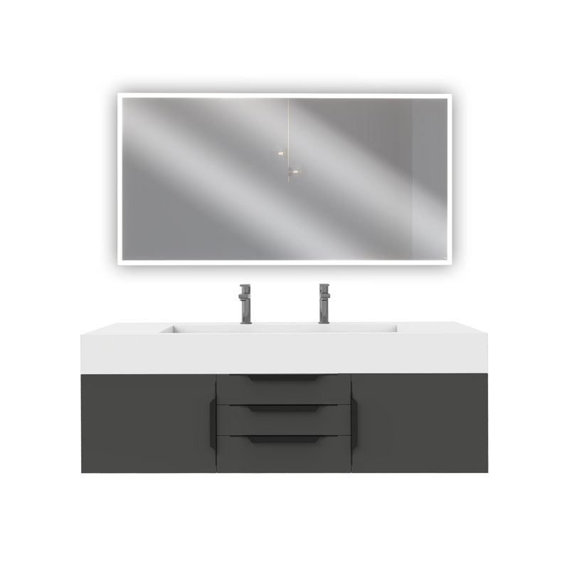 Ensemble de meuble-lavabo simple mural 60 "avec miroir Nile, Blanc, Blanc, Noir