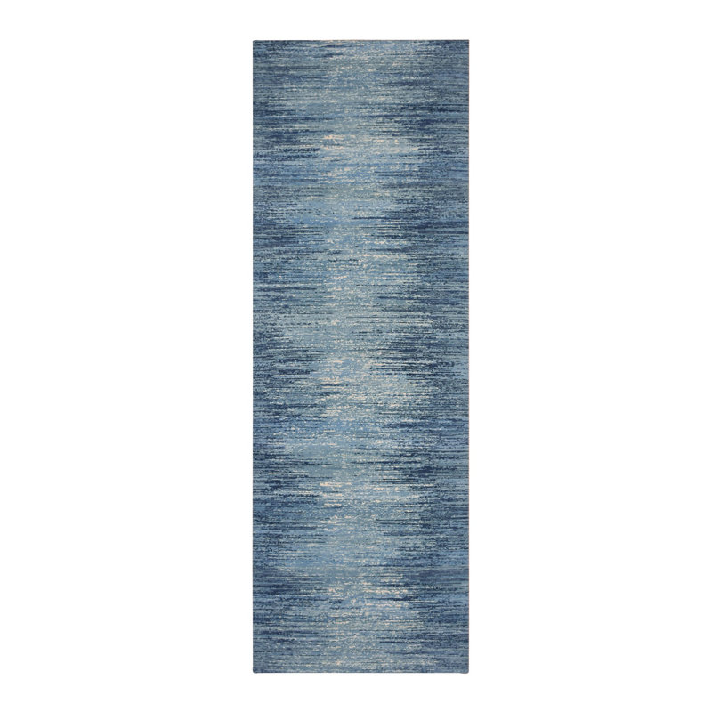 Tapis de couloir bleu nouvel âge noué à la main 4 pi 1 po x 12 pi 2 po Kassab