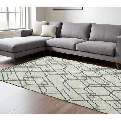 Tapis crocheté à la main en laine ivoire et gris 9 pi x 13 pi