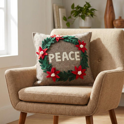 Coussin de Noël en laine feutrée à la main - Couronne PEACE en gris naturel - 20 po
