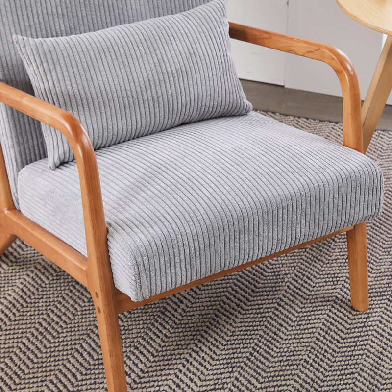 Fauteuil confortable avec coussin et structure en bois massif pour différentes pièces, Gris clair, Naturel