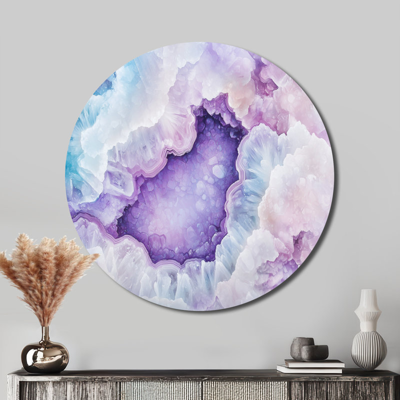 Géode de cristal mauve bleu - art mural rond moderne abstrait, cristaux de géode, art mural rond en métal, H 29 po x l 29 po