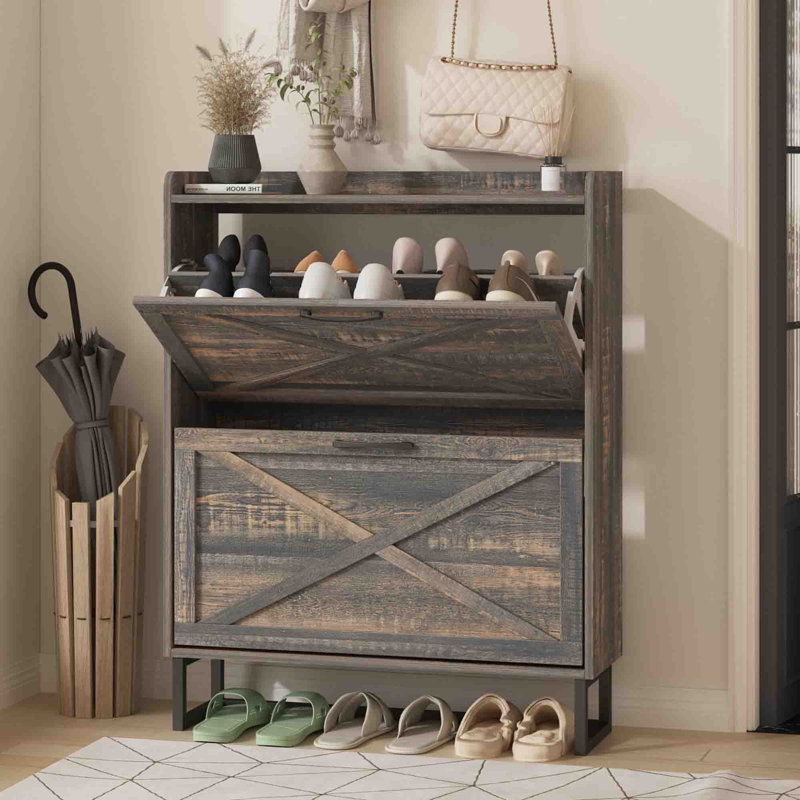 32 Pair Shoe Storage Cabinet, Dark Rustic Oak