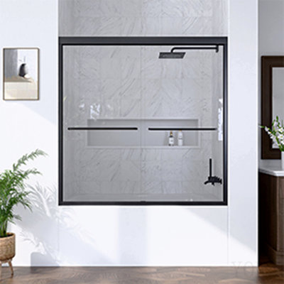 Porte de douche coulissante double semi-sans cadre H 56 "à l 60" H 60 ", porte de douche à dérivation, porte en verre trempé Sgcc de 1/4" (6mm) d'épaisseur, noir mat