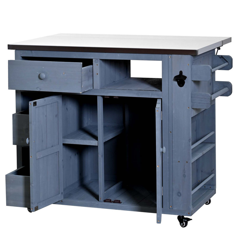 Outdoor Solid Wood Extendable Kitchen Island With Stainless Steel Top, Side Spice Rack, Drawers & Storage Cabinet, Gray
