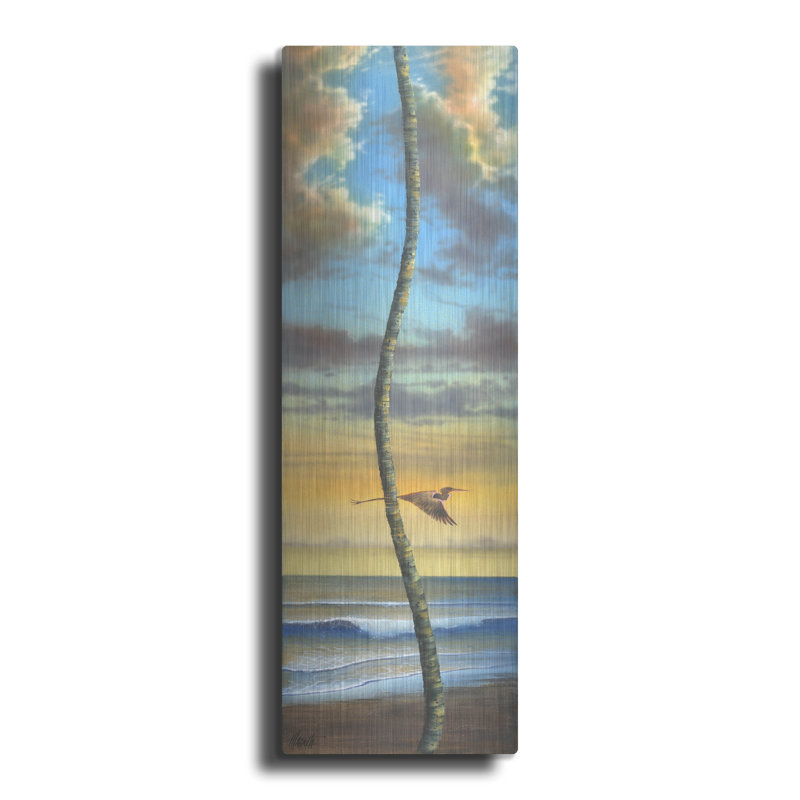 «Lone Palm Right Heron» par James Mazzotta, art mural en métal, 16 po x 48 po