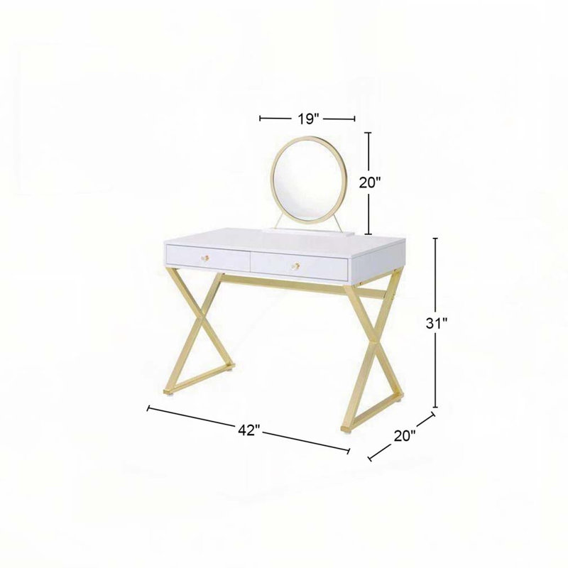 Bureau de coiffeuse rectangulaire avec miroir et plateau à bijoux, blanc et doré