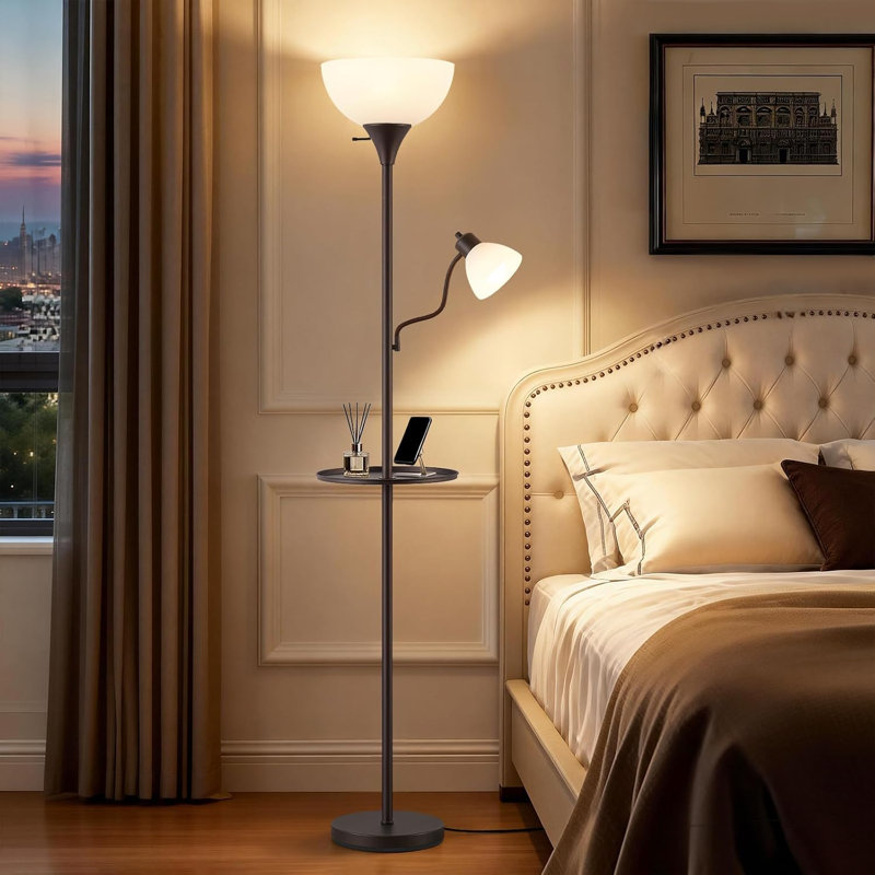 72" Torchiere Floor Lamp With Table And Adjustable Reading Lights, Brown