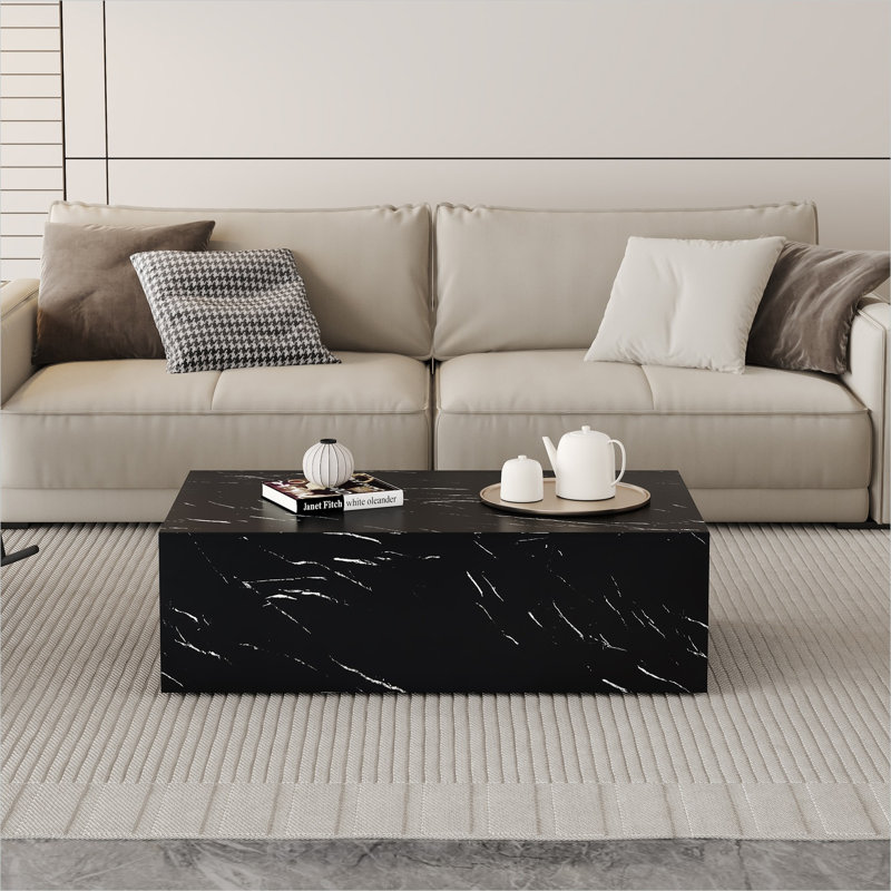 Table basse rectangulaire en marbre avec surface lisse, 39,3 x 23,6 x 11,8 pouces, panneau de fibres à densité moyenne noir profond