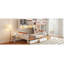 Lit superposé simple au-dessus d'un lit double en bois avec garde-robe, tiroirs, tablettes et lumière DEL