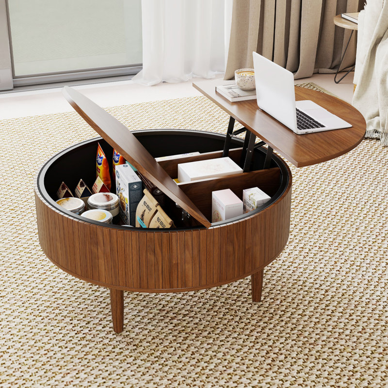 Fluted Round Lift Top Coffee Table With Storage, Adjustable Height Cocktail Table For Living Room, Walnut