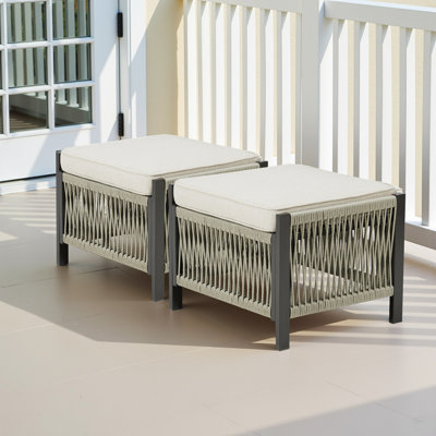 Outdoor PE Wicker Ottomans Set Of 2, Patio Rattan Footrests With Beige Cushion For Backyard Or Deck