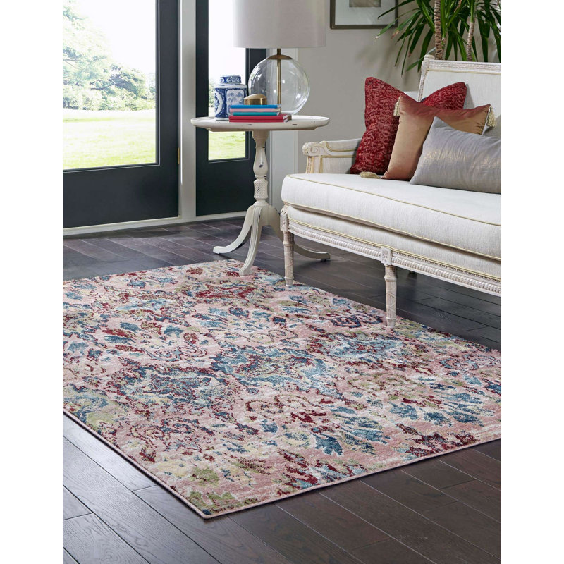 Tapis rose Ikat, Rectangle 4 pi 1 po x 6 pi 1 po