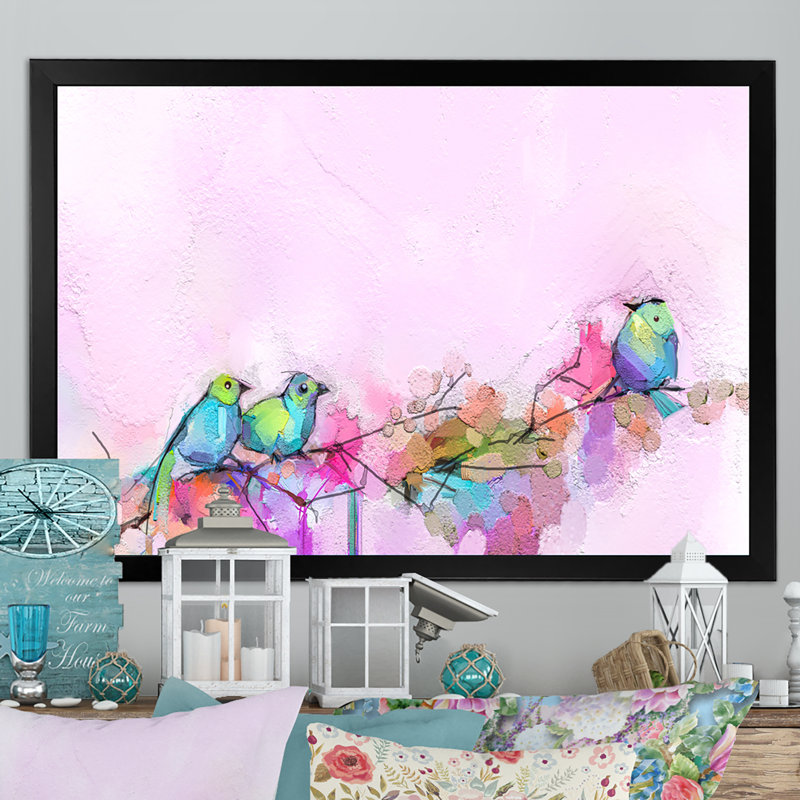 Pinceau rose et oiseaux mauves - reproduction sur toile avec cadre flottant, Cadre noir, H 8 po x l 12 po x P 1 po
