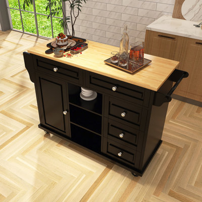 Kitchen Cart With Rubber Wood Desktop Rolling Mobile Kitchen Island With Storage And 5 Draws by Winston Porter