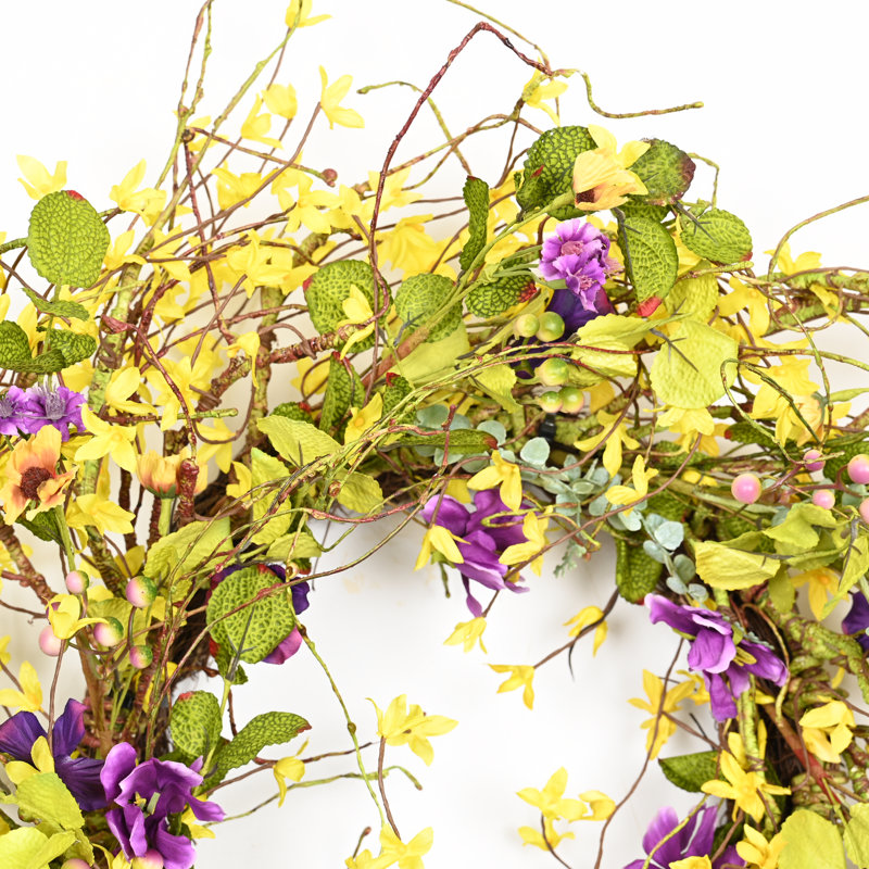 26" Artificial Farmhouse Twig Blossoms Cluster Greenery Mini Eucalyptus Wildflower Pansy Spring Summer Wreath For Front Door