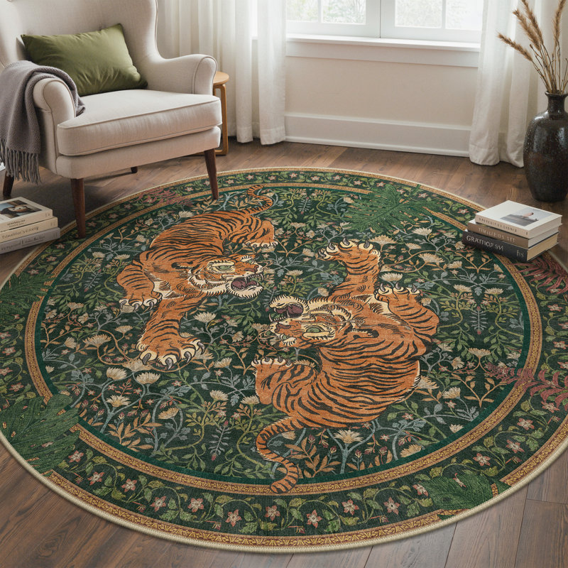 Tapis lavable à la machine avec envers antidérapant Teiarra, Green, Rond 5 pi