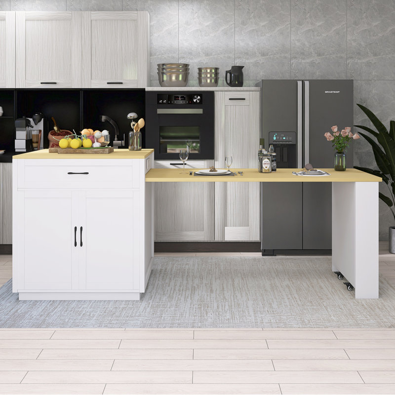 Îlot de cuisine 82,7 po avec table de salle à manger extensible avec support à épices et prise de courant, Blanc