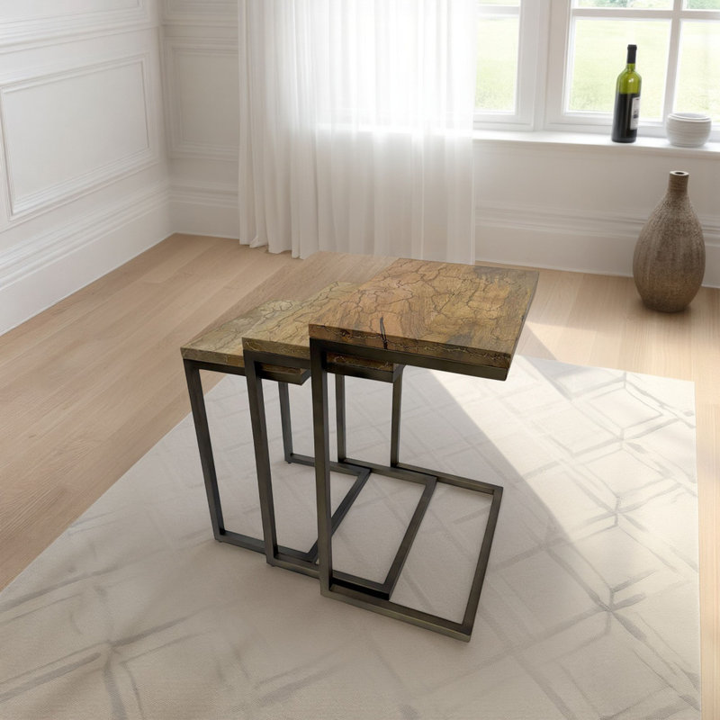 Modern Brown 12"D x 18"W x 23.25"H Compact Space-Saving Nesting Table Set, Natural Wood, Black