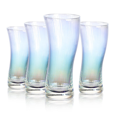 Water Juice Cocktail Drinking Glasses Cups,Origami Style Glassware,Ripple Highball Glass,Modern Ribbed Glass Tumbler For Iced Tea Coffee Beverage Wine