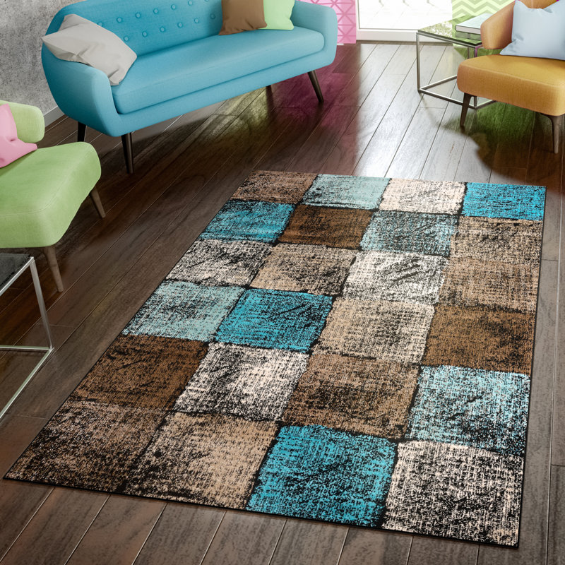 Tapis turquoise / brun Keneipp, Rectangle 7 pi 10 po x 11 pi 2 po