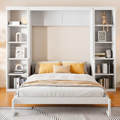 Queen Bed With Desk And Bookshelf, White - Solid Pine Wood & . Space Saving In Bedroom. No Spring Box Needed. Ample Storage. Foldable Design Bookcase For Solution, Earnest