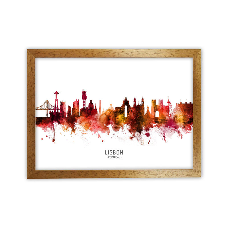 Lisbon Portugal Skyline Red City Name by Michael Tompsett - Print, Oak Framed, 25cm H x 34cm W x 3cm D