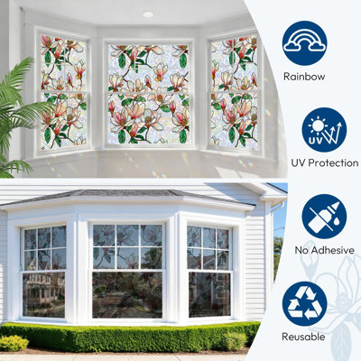 Window Privacy Film Stained Glass Rainbow 3D Prism Decorative Iridescent Window Sticker Static Cling Suncatcher UV Protection For Home Heat Control, Floral Magnolia, 35.4" X 78.7"