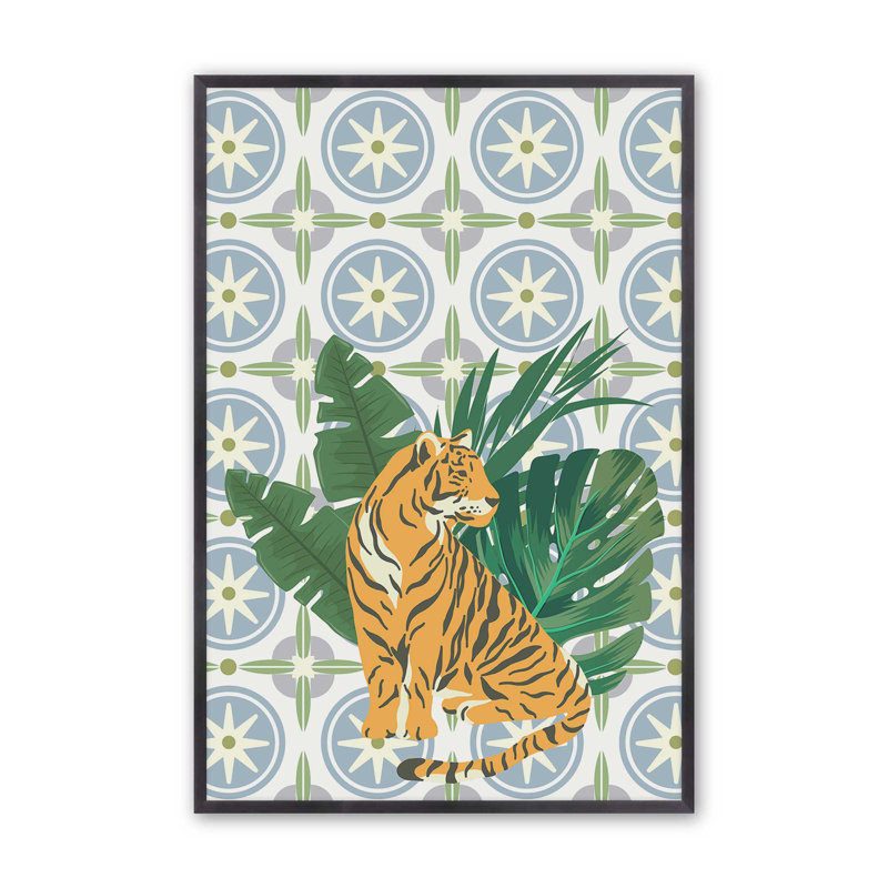 Tigre et motif tropical, H 15,25 po x l 12,25 po, Zinc patiné